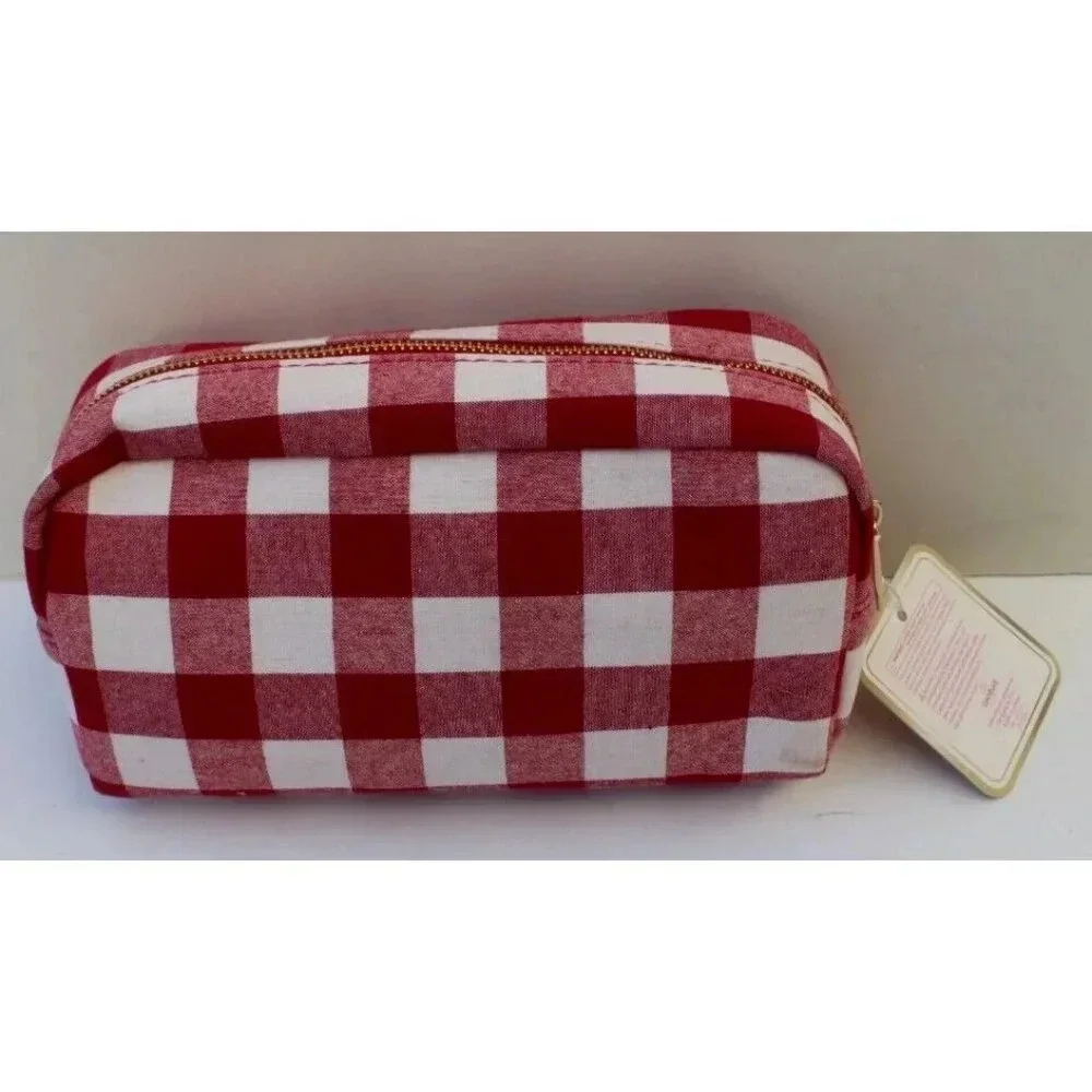New Red / White Large Christmas Plaid Cosmetic Makeup Bag W/ Holiday Charms